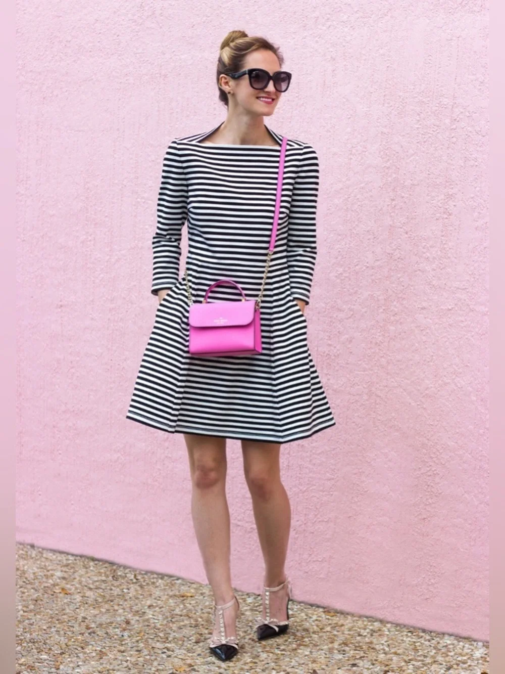 Kate Spade Striped Fit & Flare Dress Small Black White Pockets